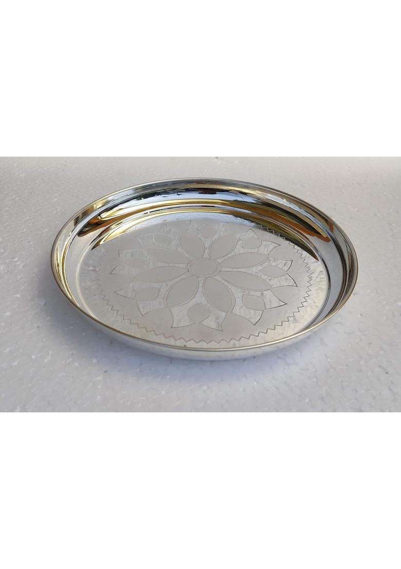 PUJA Celebrations White German Silver Embossed Plate for Pooja and Decor Decorative Plates - Indya