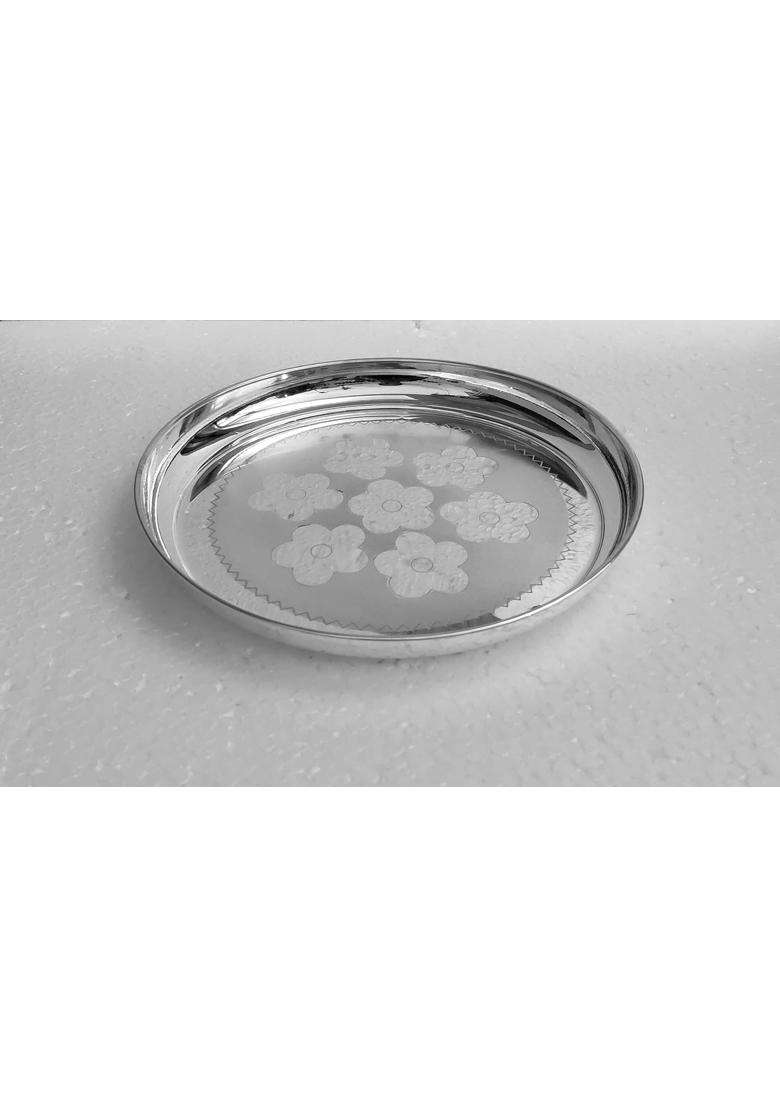 PUJA Celebrations White German Silver Embossed Plate for Pooja and Decor Decorative Plates - Indya