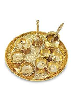 Bengalen Gold ALEN Brass Pooja Thali Set 8 Inch Puja Thali with Pital Plate Kalash Haldi Kumkum Stand Dhup Dan