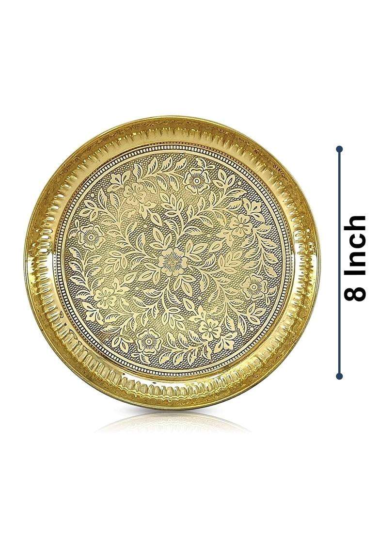 Bengalen Gold ALEN Brass Pooja Thali Set 8 Inch Puja Thali with Pital Plate Kalash Haldi Kumkum Stand Dhup Dan - Indya