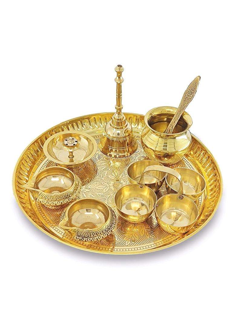 Bengalen Gold ALEN Brass Pooja Thali Set 8 Inch Puja Thali with Pital Plate Kalash Haldi Kumkum Stand Dhup Dan - Indya