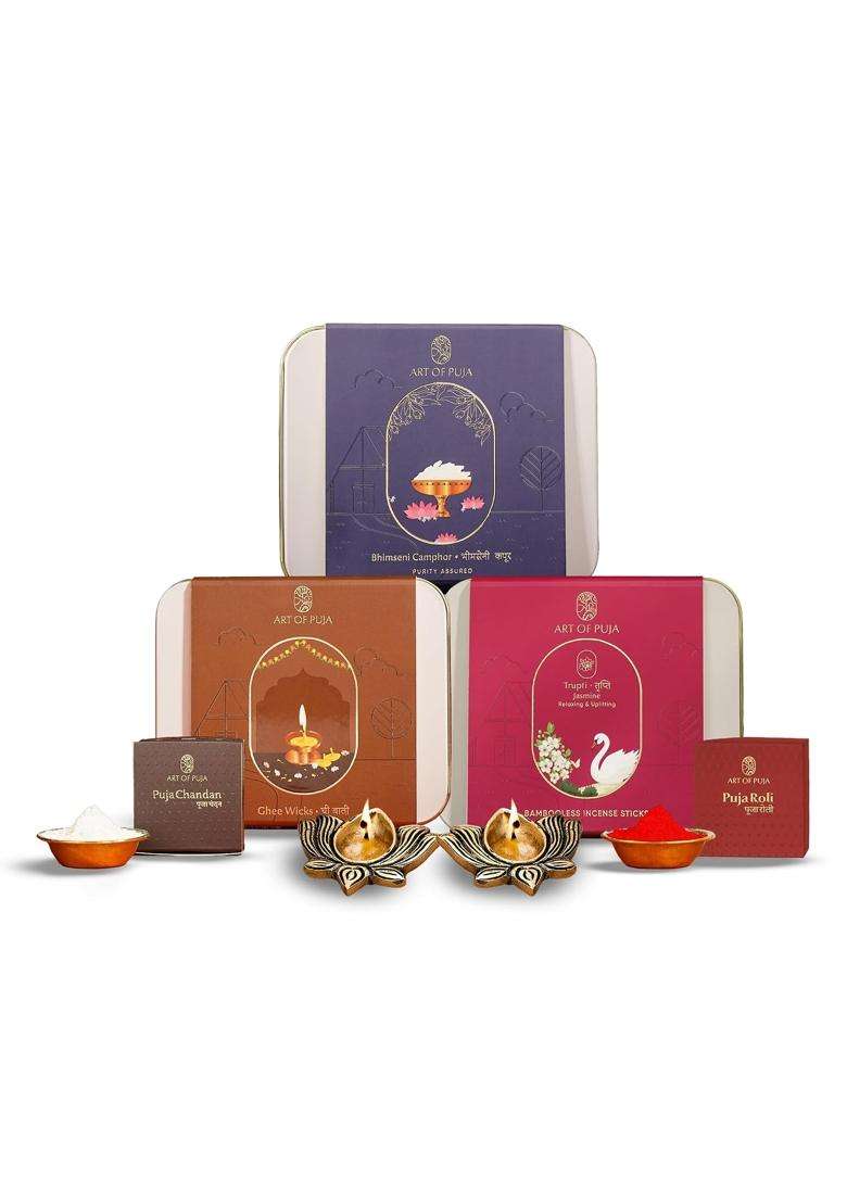 Ganesh Puja Combo Kit Brass Diya Ghee Wicks Jasmine Incense Bhimseni Camphor Roli and Chandan - Indya