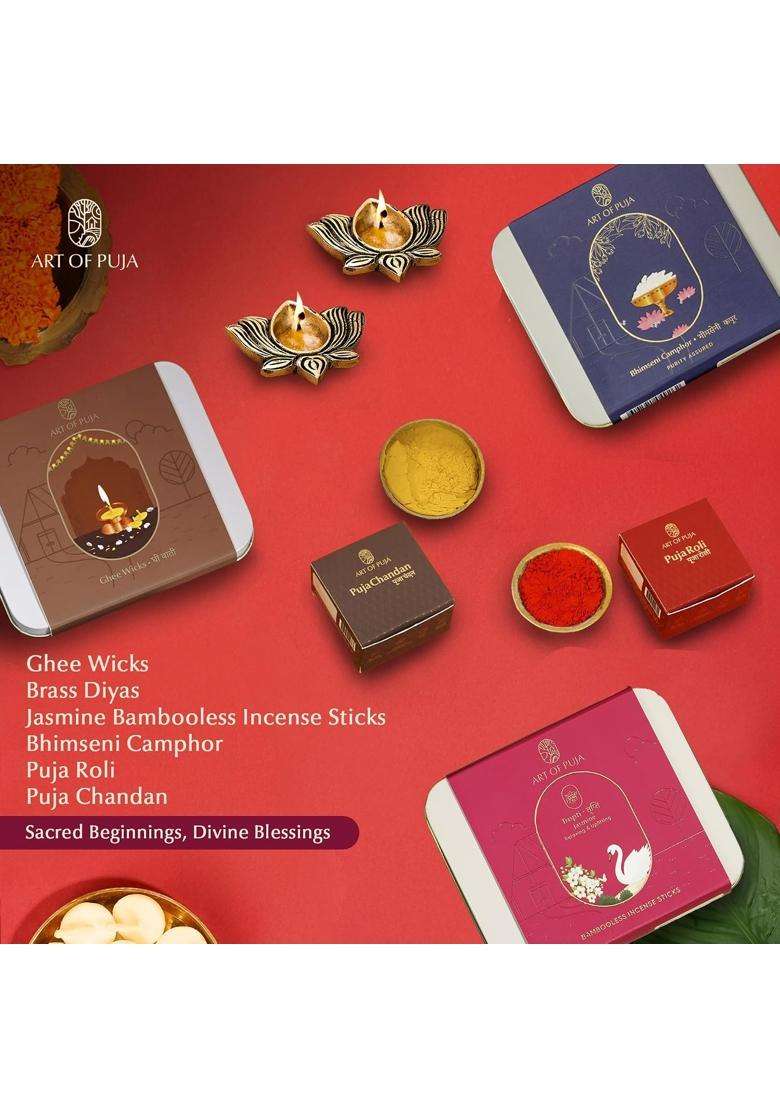 Ganesh Puja Combo Kit Brass Diya Ghee Wicks Jasmine Incense Bhimseni Camphor Roli and Chandan - Indya