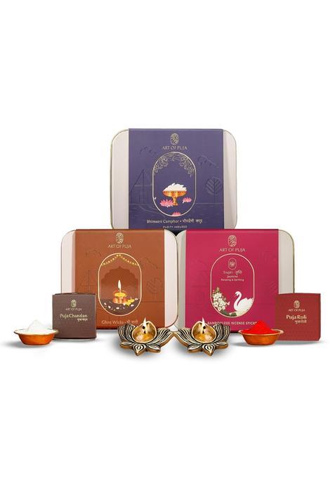 Ganesh Puja Combo Kit Brass Diya Ghee Wicks Jasmine Incense Bhimseni Camphor Roli and Chandan