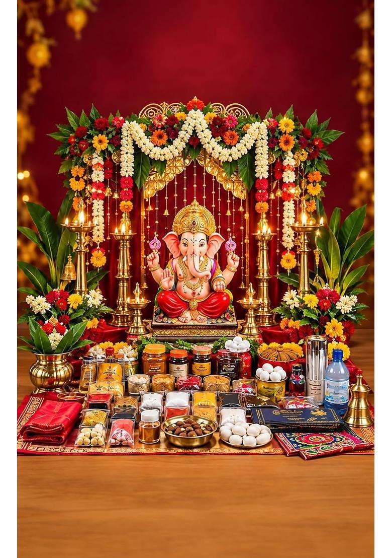 Multicolour Topsspot Ganesh Chaturthi Complete Puja Kit with Murti Decoration and Samagri - Indya