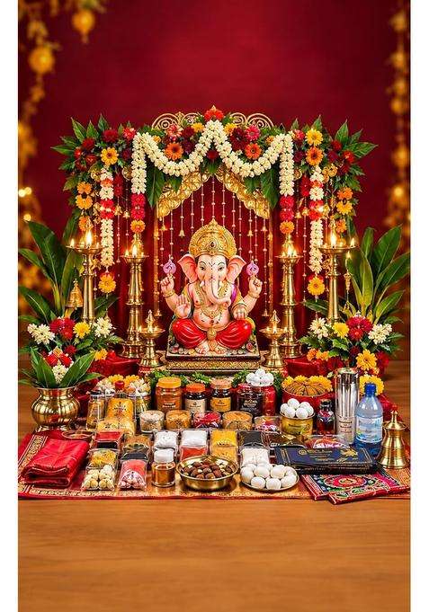 Multicolour Topsspot Ganesh Chaturthi Complete Puja Kit with Murti Decoration and Samagri