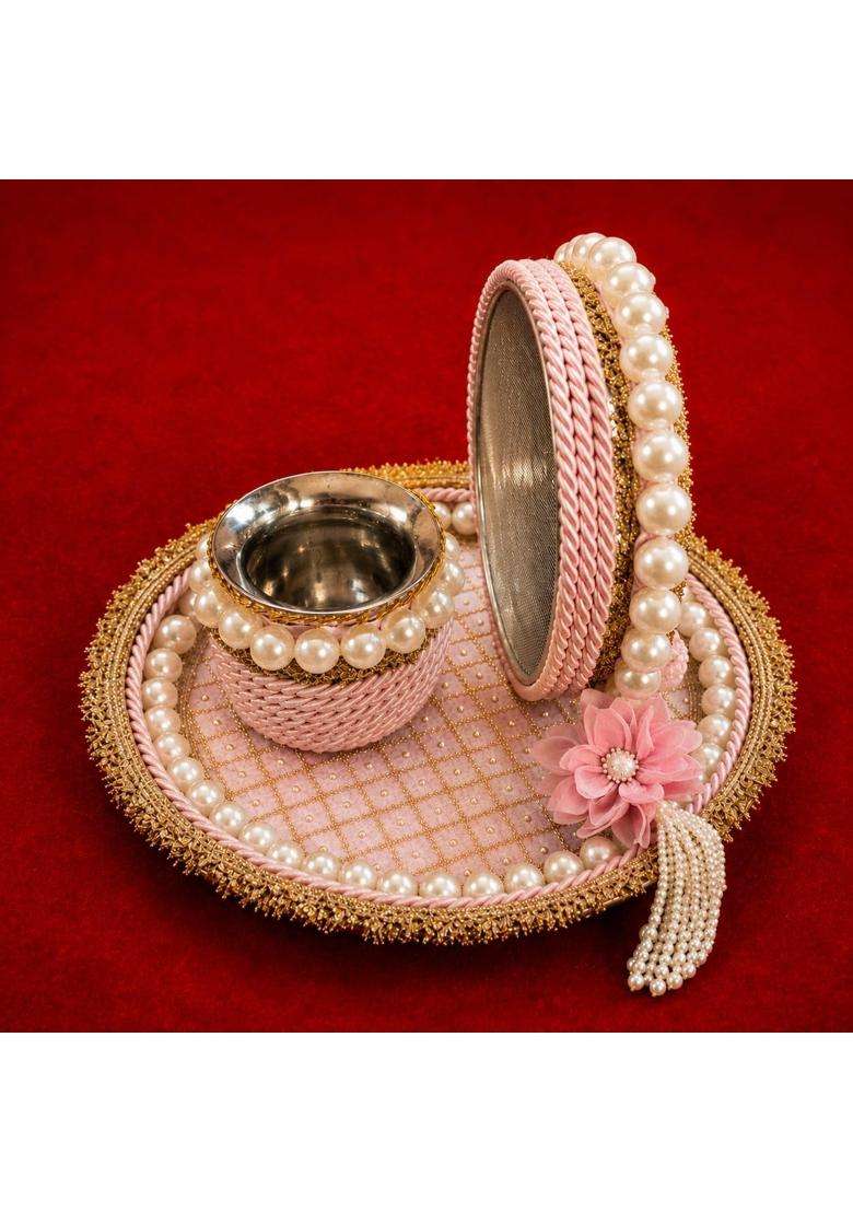Multicolor Karwa Chauth Pooja Thali Lota Channi Combo Set Vrat Puja Thali for Married Women - Indya