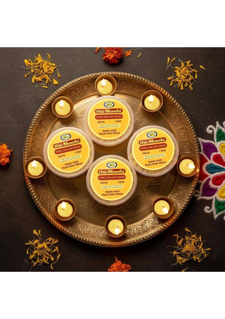Yellow Cycle Pure Om Shanthi Pure Cow Ghee Wicks Ready to Light Diya Battis Pack of 4 - Indya