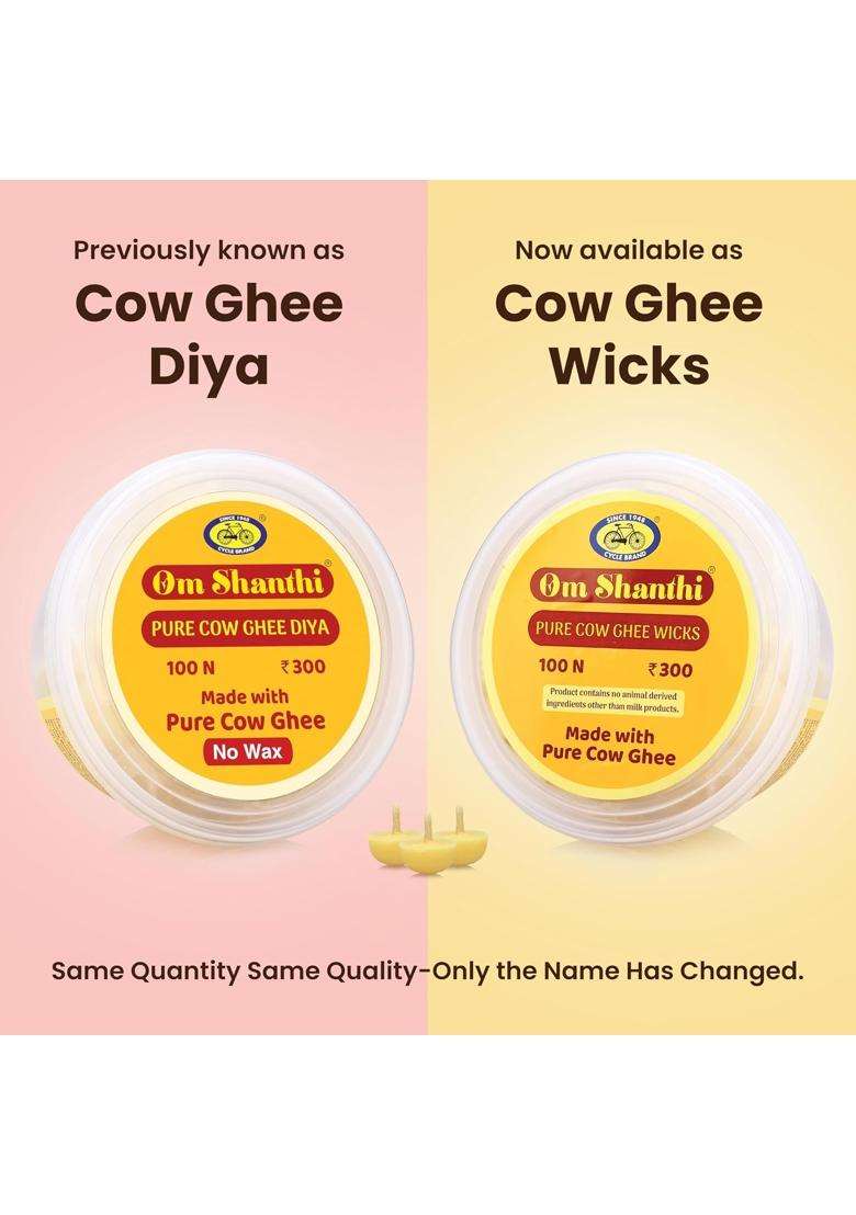 Yellow Cycle Pure Om Shanthi Pure Cow Ghee Wicks Ready to Light Diya Battis Pack of 4 - Indya