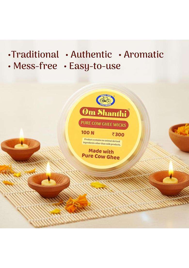 Yellow Cycle Pure Om Shanthi Pure Cow Ghee Wicks Ready to Light Diya Battis Pack of 4 - Indya