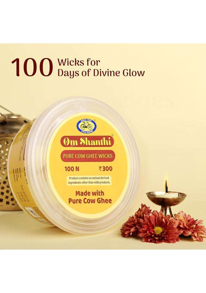 Yellow Cycle Pure Om Shanthi Pure Cow Ghee Wicks Ready to Light Diya Battis Pack of 4 - Indya