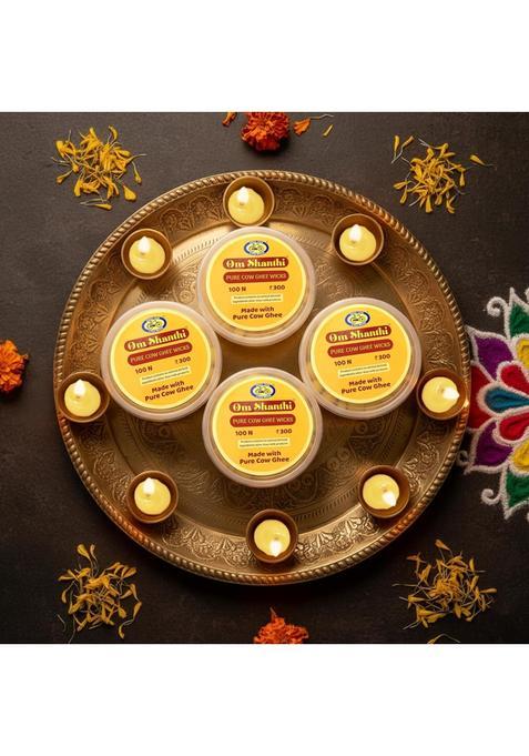 Yellow Cycle Pure Om Shanthi Pure Cow Ghee Wicks Ready to Light Diya Battis Pack of 4