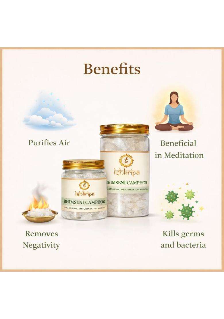 Ishkripa Poojan Samagri Pure and Natural Bhimseni Kapoor Camphor for Puja and Aarti Burns Completely Pack of 2 - Indya