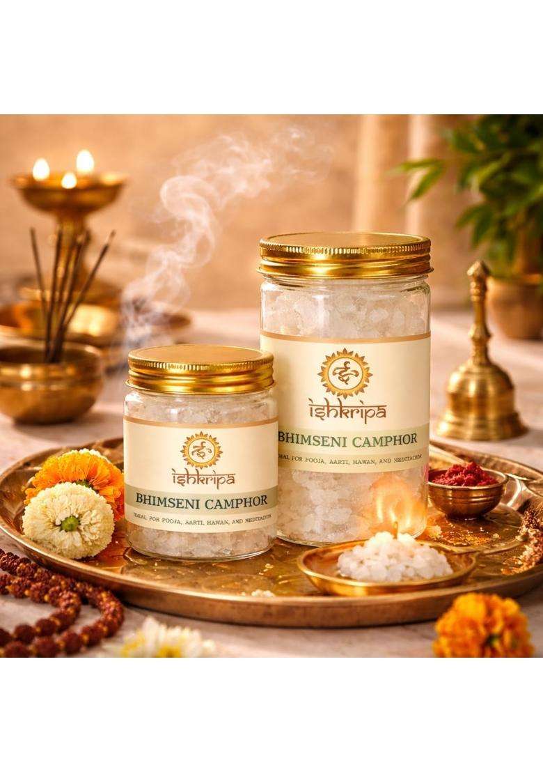 Ishkripa Poojan Samagri Pure and Natural Bhimseni Kapoor Camphor for Puja and Aarti Burns Completely Pack of 2 - Indya