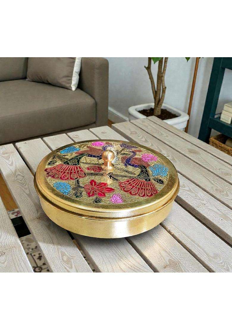 Pital Nagri Ecraft Gold Brass Mayur Pooja Box 7 Dibbi Set for Roli Chawal Haldi Kumkum Sindoor Chandan - Indya