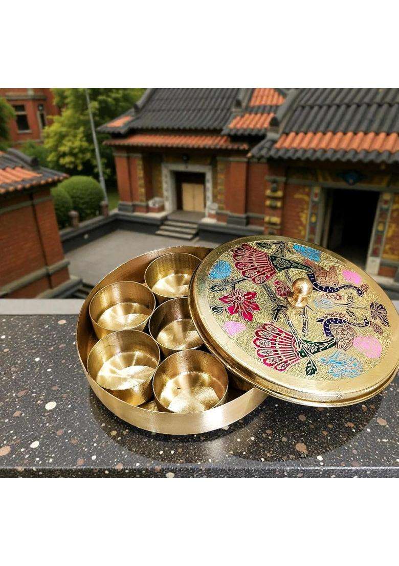 Pital Nagri Ecraft Gold Brass Mayur Pooja Box 7 Dibbi Set for Roli Chawal Haldi Kumkum Sindoor Chandan - Indya