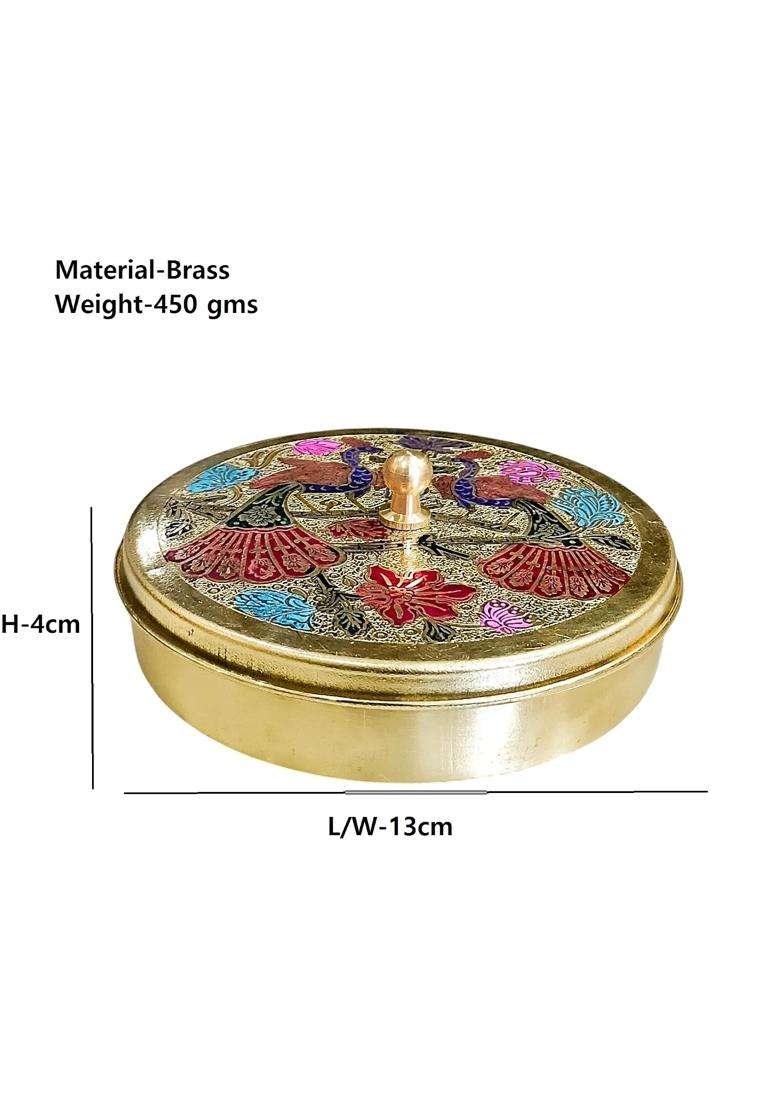 Pital Nagri Ecraft Gold Brass Mayur Pooja Box 7 Dibbi Set for Roli Chawal Haldi Kumkum Sindoor Chandan - Indya