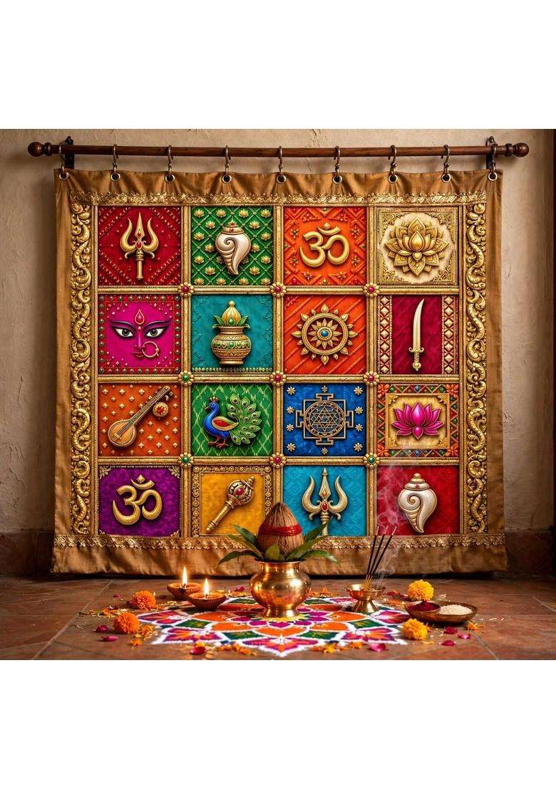 Hindu Symbols Pooja Decoration Backdrop Size 8Ft X 8Ft - Indya