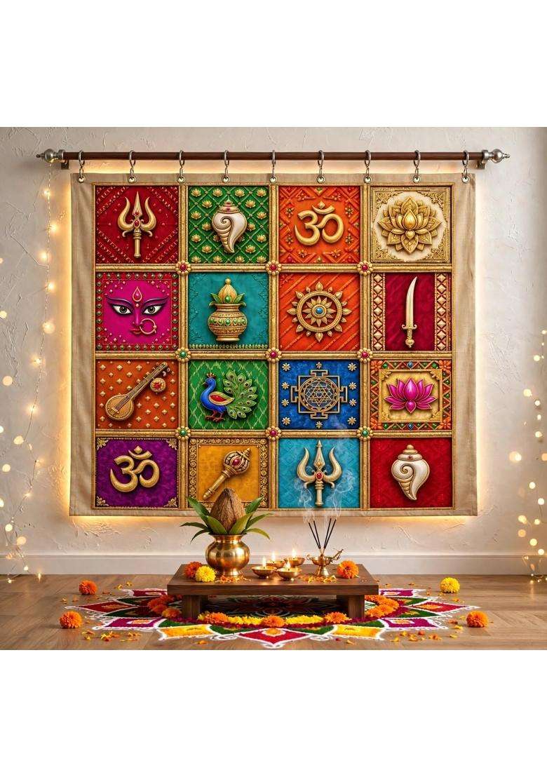 Hindu Symbols Pooja Decoration Backdrop Size 8Ft X 8Ft - Indya
