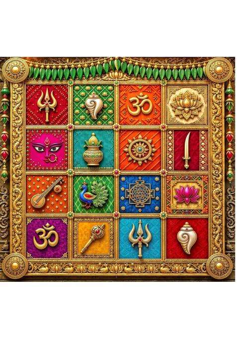 Hindu Symbols Pooja Decoration Backdrop Size 8Ft X 8Ft