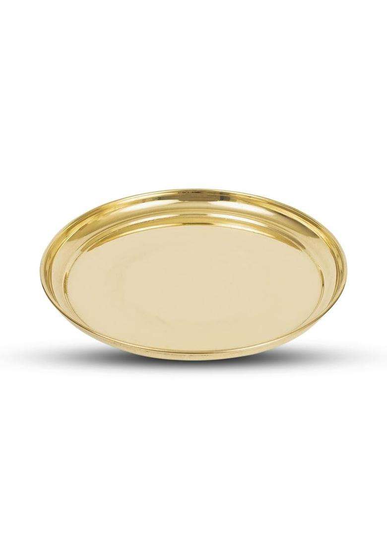 Dokchan Pure Indian Traditional Handmade Brass Golden Color Thali for Pooja Diwali Puja Navratri - Indya