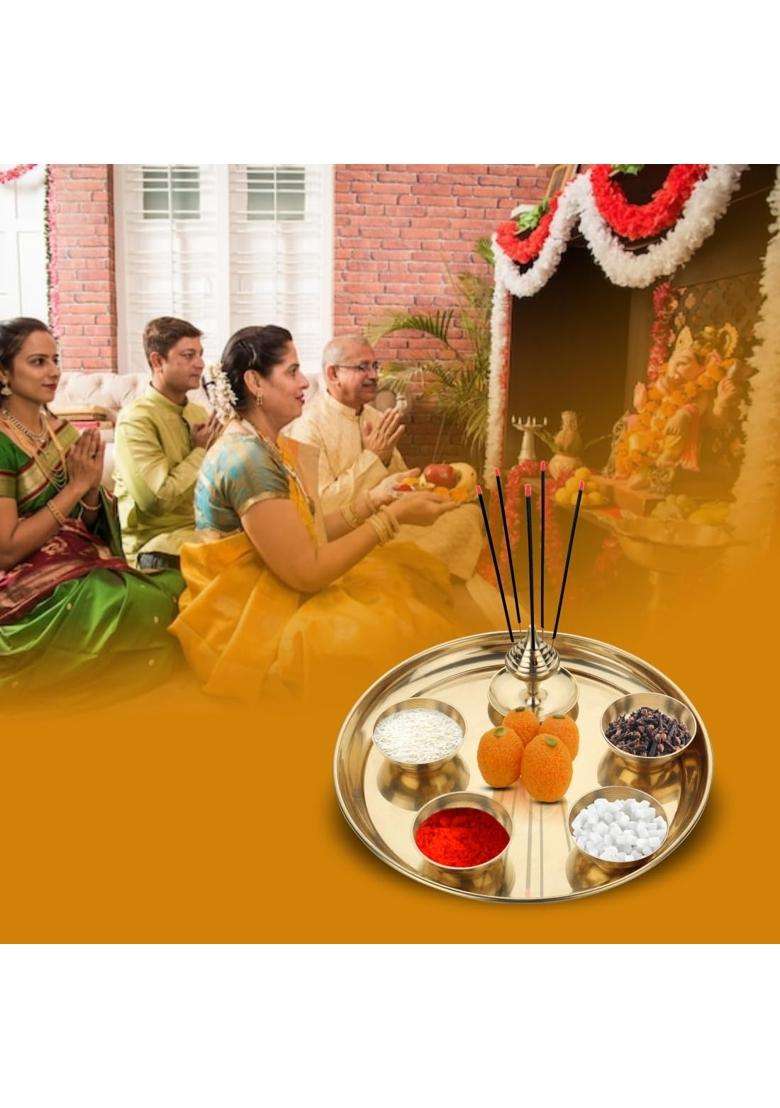 Dokchan Pure Indian Traditional Handmade Brass Golden Color Thali for Pooja Diwali Puja Navratri - Indya