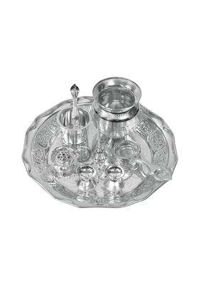 Poshify German Silver Pooja with Diya Bell Agarbatti Stand Plate and More for Luxury Home Decor Set of 8