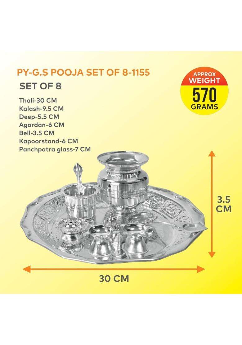 Poshify German Silver Pooja with Diya Bell Agarbatti Stand Plate and More for Luxury Home Decor Set of 8 - Indya