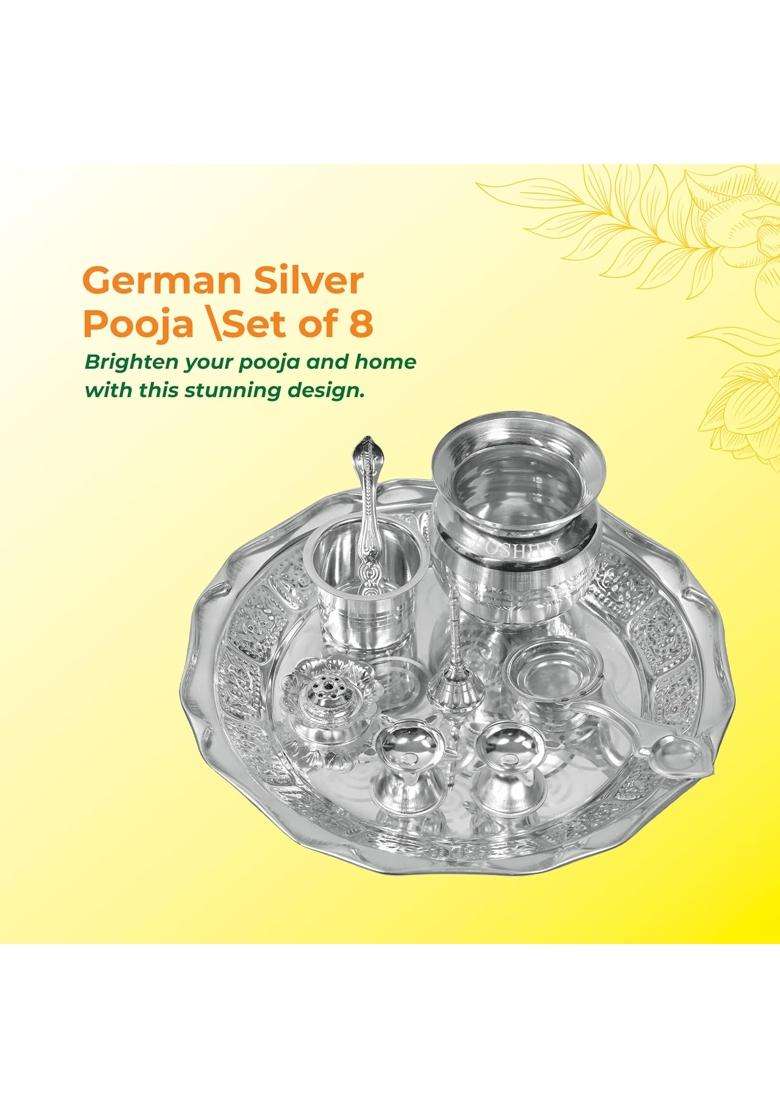 Poshify German Silver Pooja with Diya Bell Agarbatti Stand Plate and More for Luxury Home Decor Set of 8 - Indya