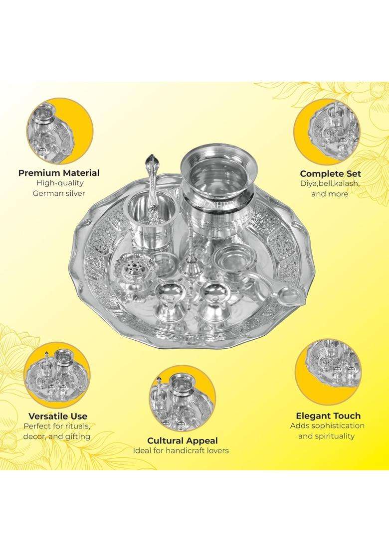 Poshify German Silver Pooja with Diya Bell Agarbatti Stand Plate and More for Luxury Home Decor Set of 8 - Indya