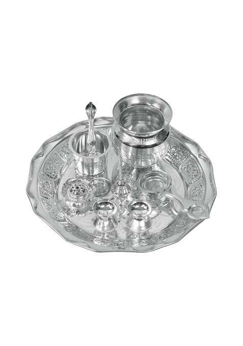 Poshify German Silver Pooja with Diya Bell Agarbatti Stand Plate and More for Luxury Home Decor Set of 8