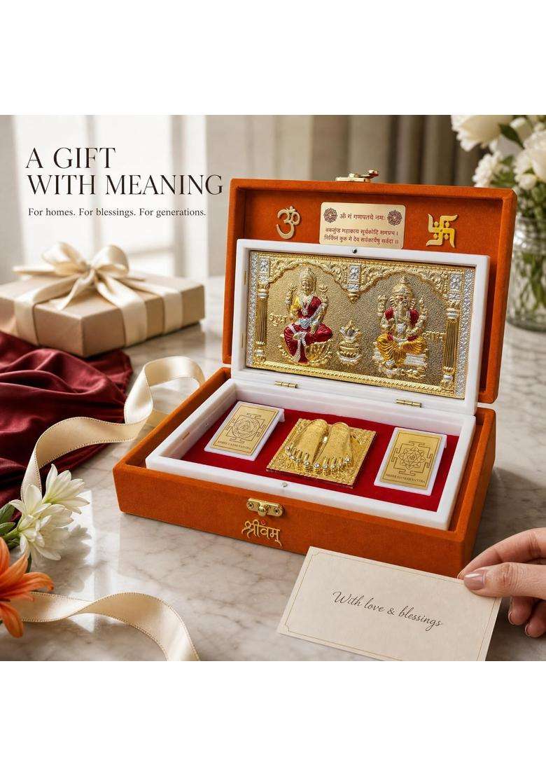 Shrivam Laxmi Ganesh Puja Box Premium Laxmi Ganesh Pooja Set with Laxmi Yantra Ganesh Yantra and Charan Paduka - Indya
