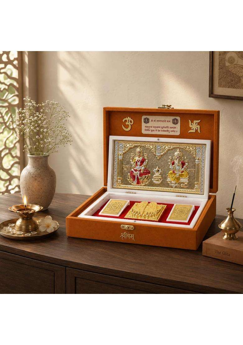 Shrivam Laxmi Ganesh Puja Box Premium Laxmi Ganesh Pooja Set with Laxmi Yantra Ganesh Yantra and Charan Paduka - Indya