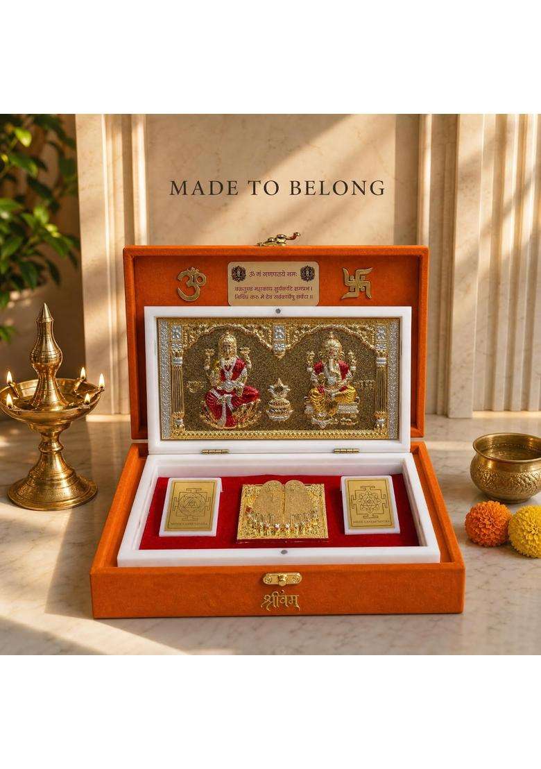 Shrivam Laxmi Ganesh Puja Box Premium Laxmi Ganesh Pooja Set with Laxmi Yantra Ganesh Yantra and Charan Paduka - Indya
