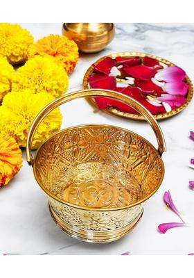 Brass Gold Round Puja Basket Traditional Round Pooja Basket with Handle