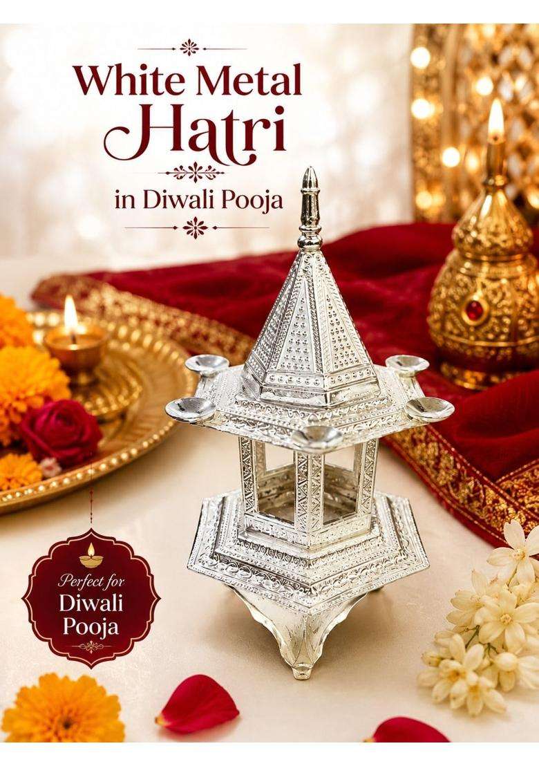 Elevate Your Diwali Puja with Premium White Metal Hatri Royal Festive Decor - Indya