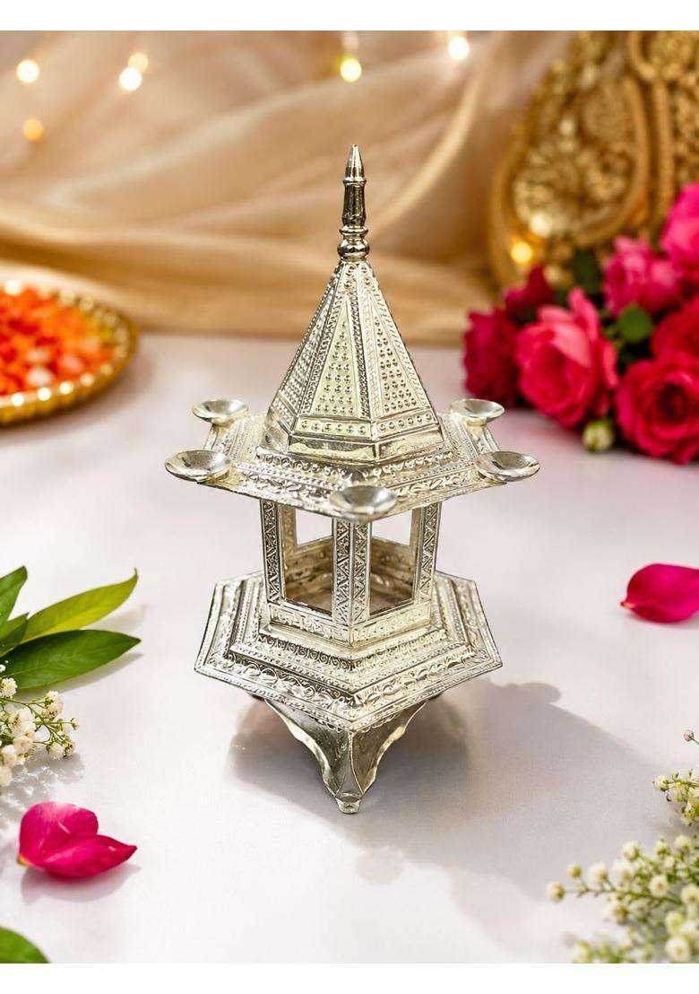 Elevate Your Diwali Puja with Premium White Metal Hatri Royal Festive Decor - Indya