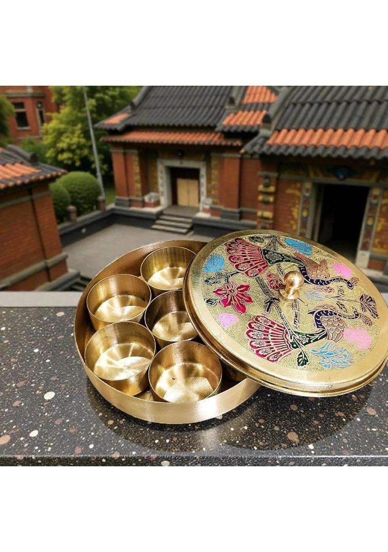 Brass Gold Mayur Pooja Box 7 Dibbi Set for Roli Chawal Haldi Kumkum Sindoor Chandan Turmeric - Indya