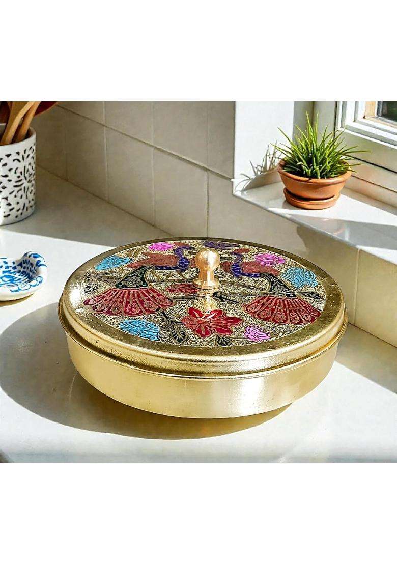 Brass Gold Mayur Pooja Box 7 Dibbi Set for Roli Chawal Haldi Kumkum Sindoor Chandan Turmeric - Indya