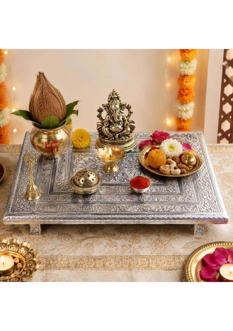 Sgr Handicrafts Puja Bajot Silver Chowki - Indya