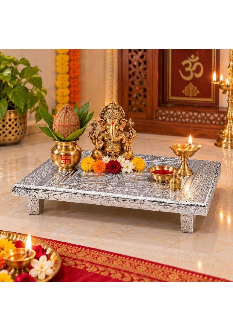 Sgr Handicrafts Puja Bajot Silver Chowki - Indya