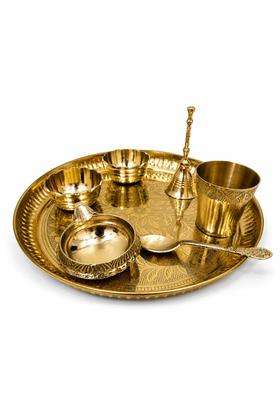 Navrangini Gold for Daily Pooja Thali Set with Brass Bell Diya 2 Bowls Spoon and Tumbler