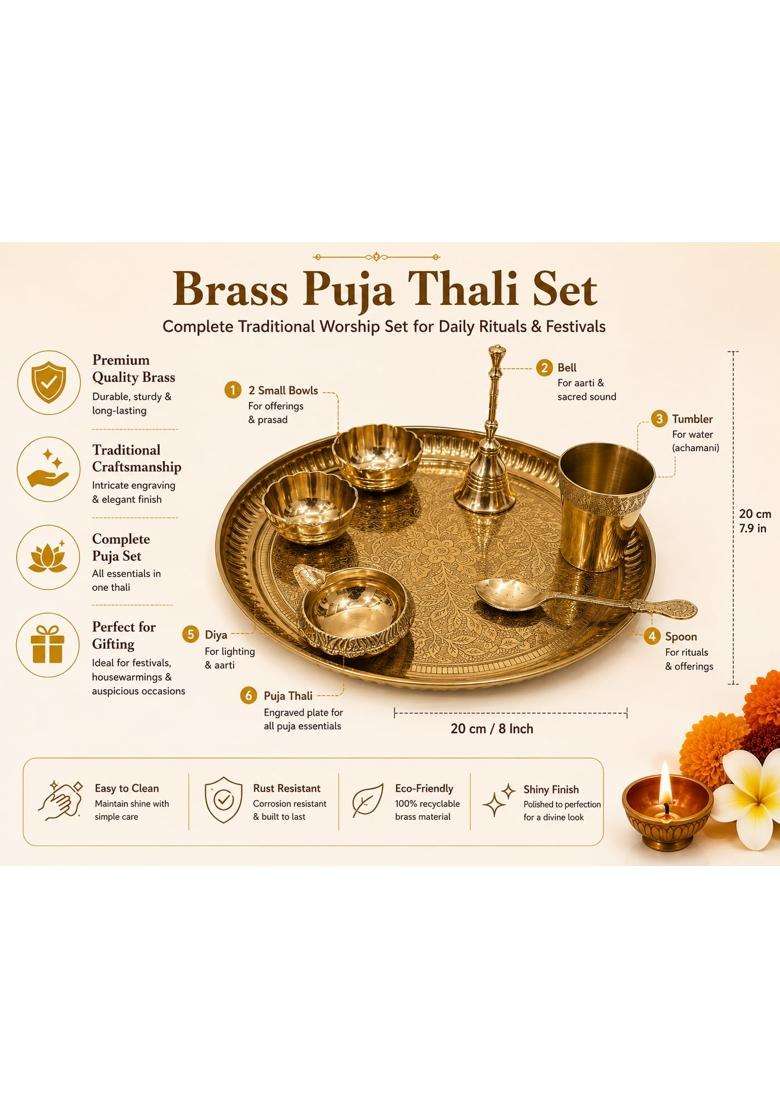 Navrangini Gold for Daily Pooja Thali Set with Brass Bell Diya 2 Bowls Spoon and Tumbler - Indya