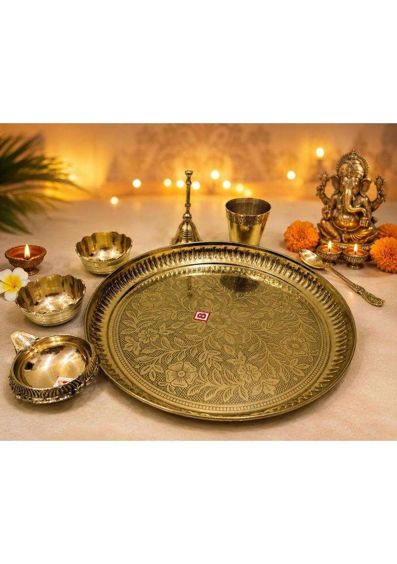 Navrangini Gold for Daily Pooja Thali Set with Brass Bell Diya 2 Bowls Spoon and Tumbler - Indya
