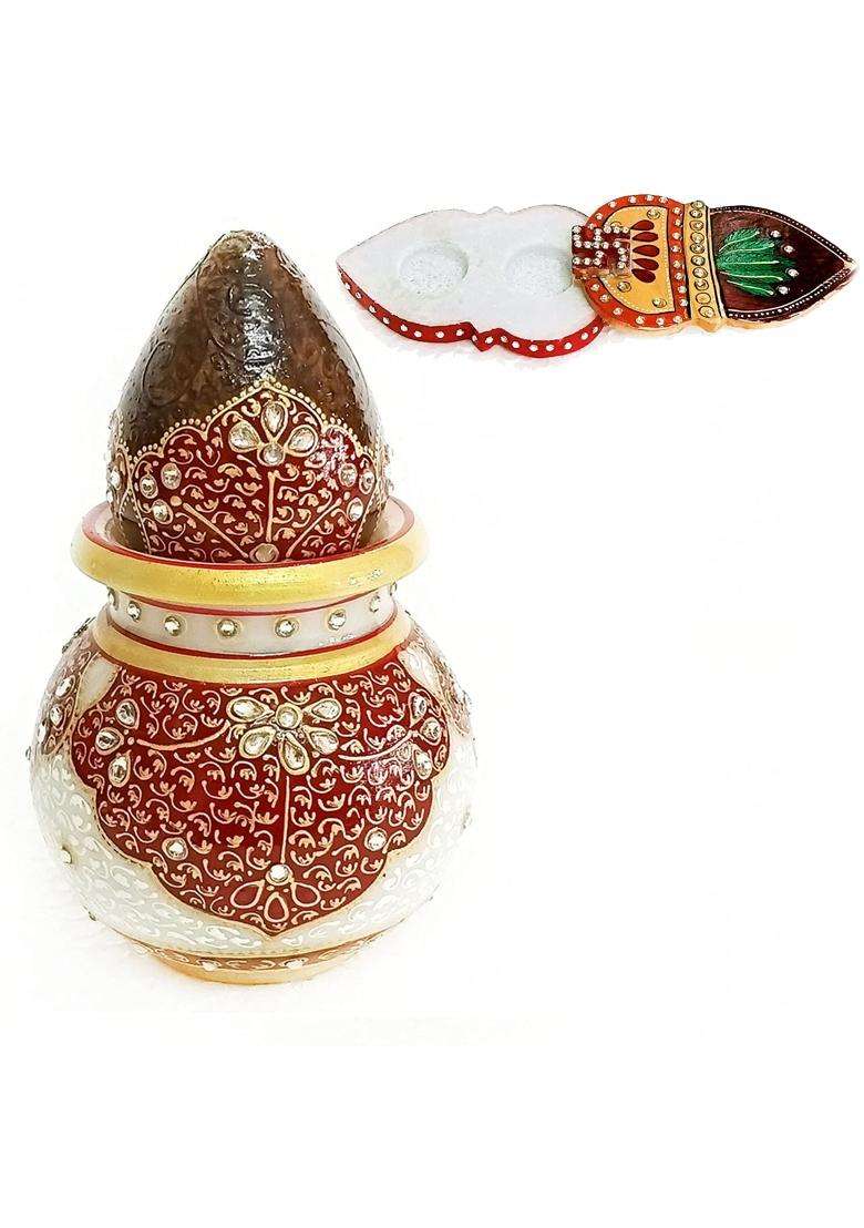 Handicraft Kingdom Marble Nariyal Lota for Puja Temple with Chopda Pack of 2 - Indya