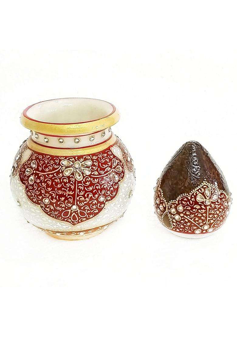Handicraft Kingdom Marble Nariyal Lota for Puja Temple with Chopda Pack of 2 - Indya