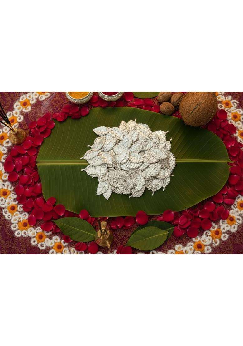 PUJA Celebrations Silver Tulasi Leaf Set Tulasi Tulsi Ji for Home Decor Pooja - Indya
