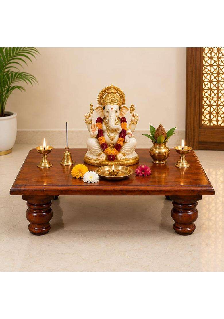 Wooden Brown Pooja Chowki for Home Temple Decorative Mandir Table for Idol Diya and Pooja Samagri - Indya