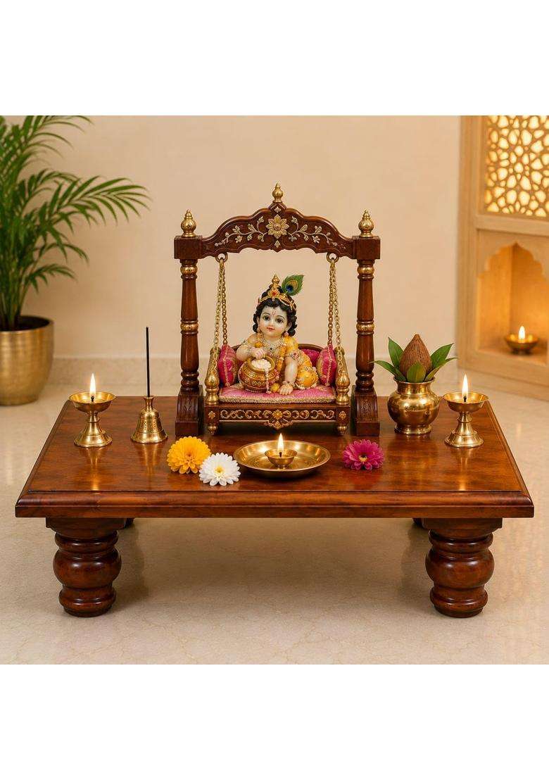 Wooden Brown Pooja Chowki for Home Temple Decorative Mandir Table for Idol Diya and Pooja Samagri - Indya
