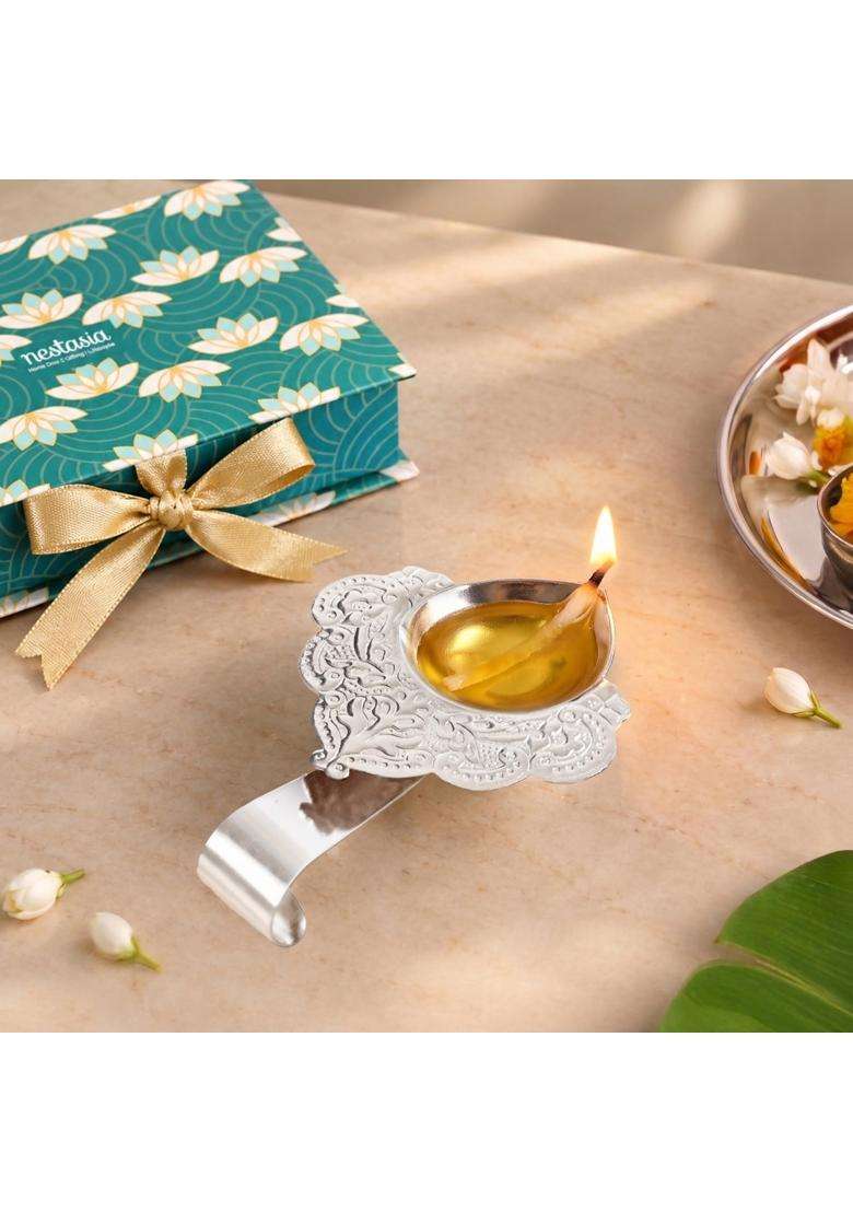 Nestasia Silver Plated Brass Diya for Aarti Floral Etched Design Pooja Deepak with Handle - Indya
